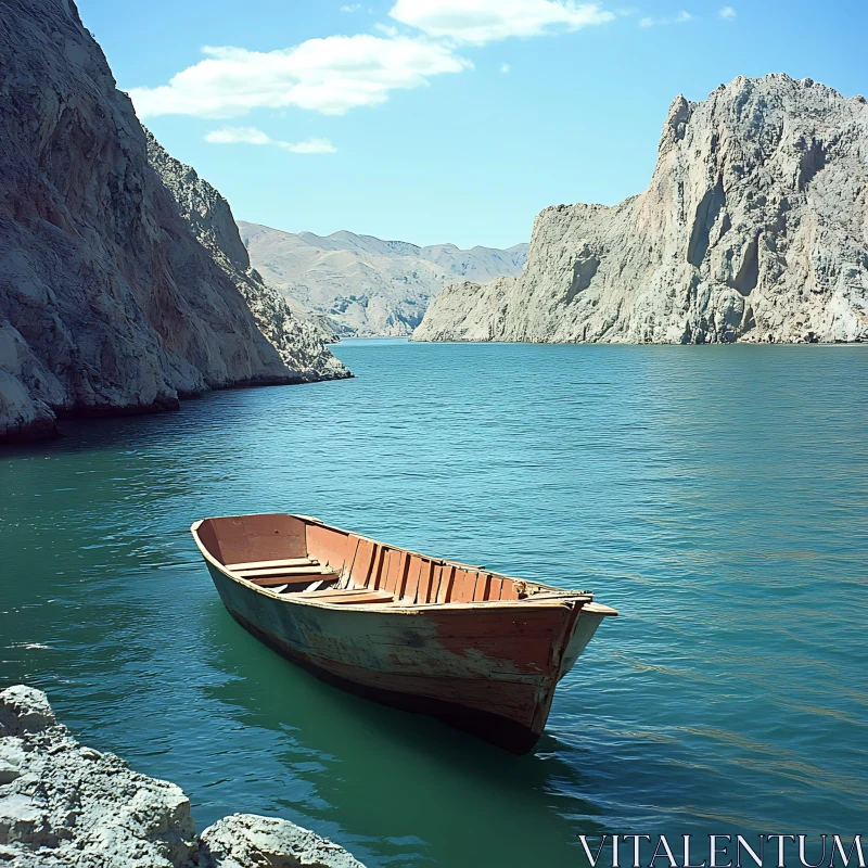 Calm Waters and Rocky Cliffs with a Wooden Boat AI Image