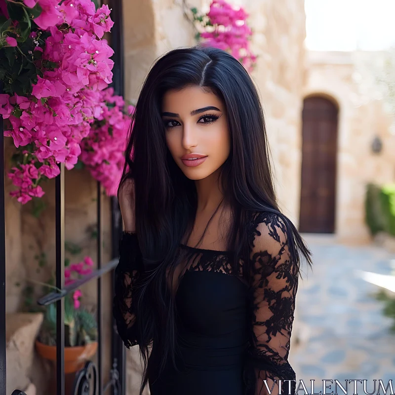 Woman in Black Lace Dress Near Bougainvillea AI Image