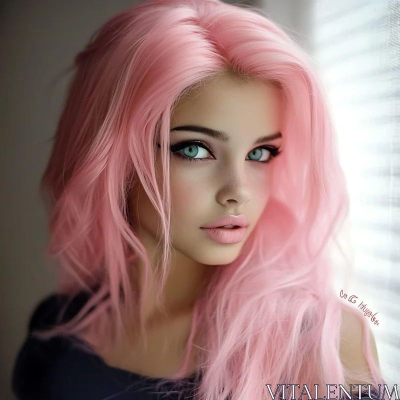 Pink-Haired Beauty with Striking Green Eyes AI Image