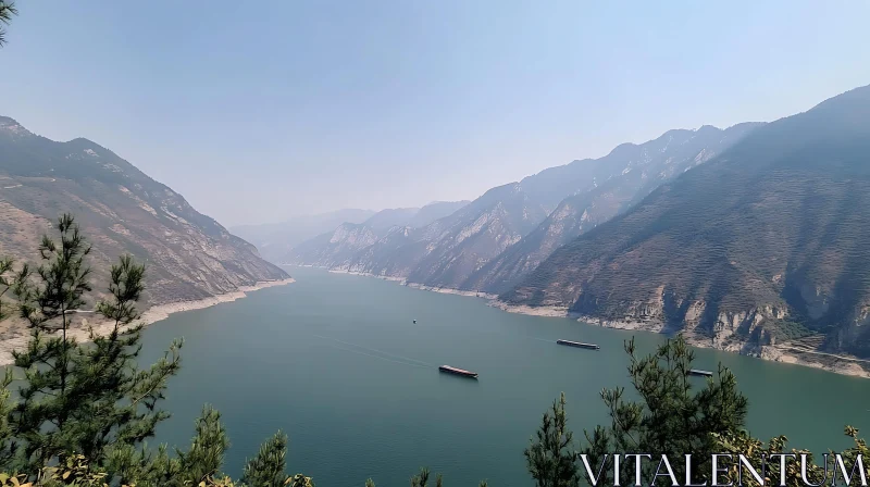 AI ART Boats on a Calm Lake in a Mountainous Region