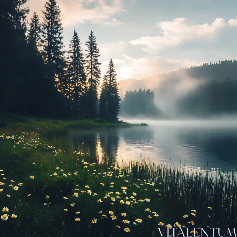 AI ART Sunrise Over Foggy Lake with Forest and Meadow