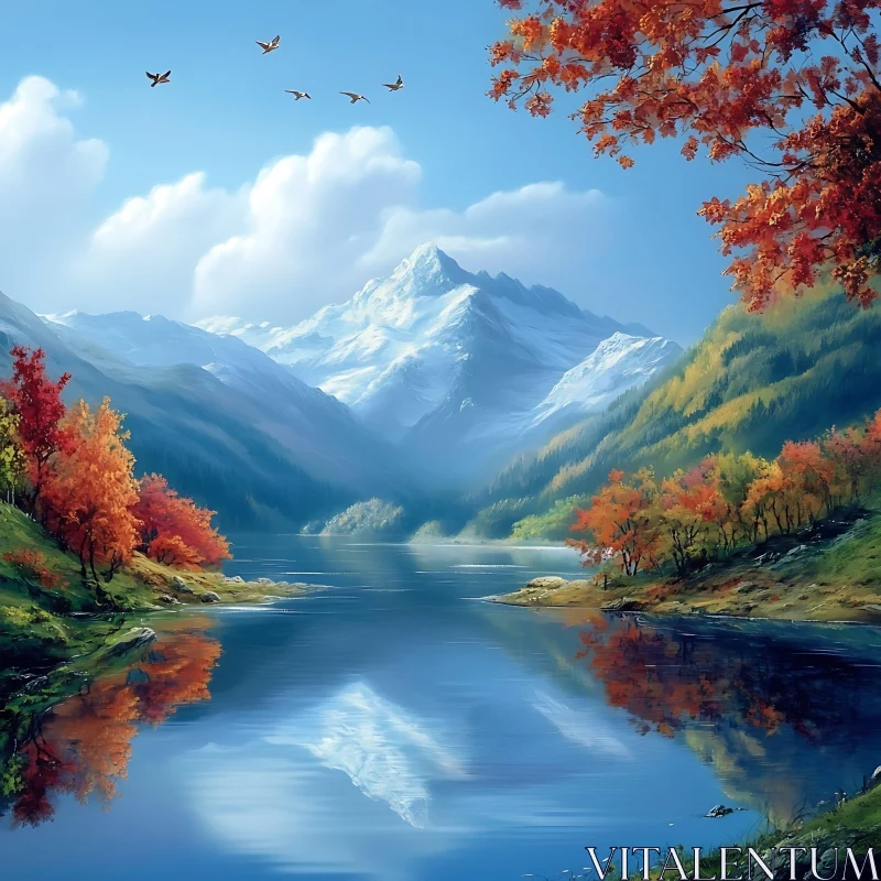 Tranquil Autumn Lake and Snowy Mountainscape AI Image