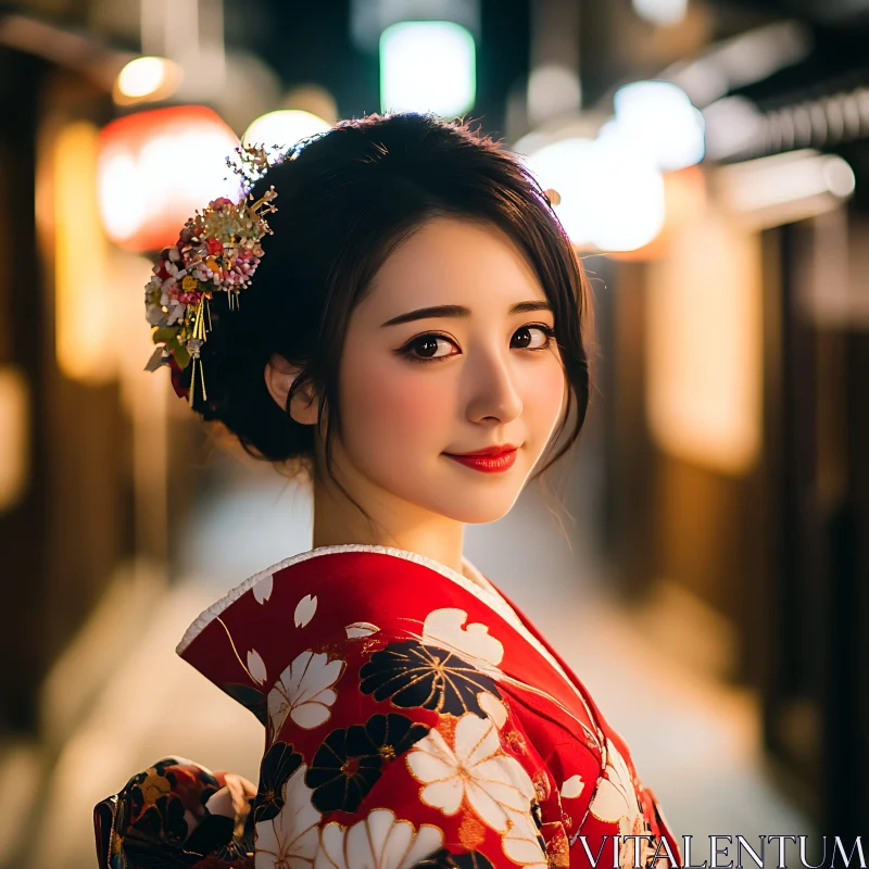 Graceful Japanese Woman in Urban Night AI Image