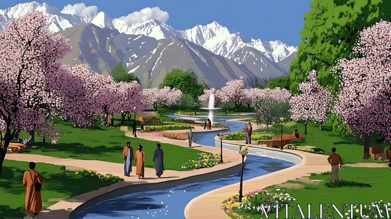 Park with Blooming Trees and Mountain View AI Image