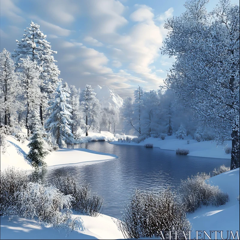 Tranquil Snow-Covered Forest Lake in Winter AI Image