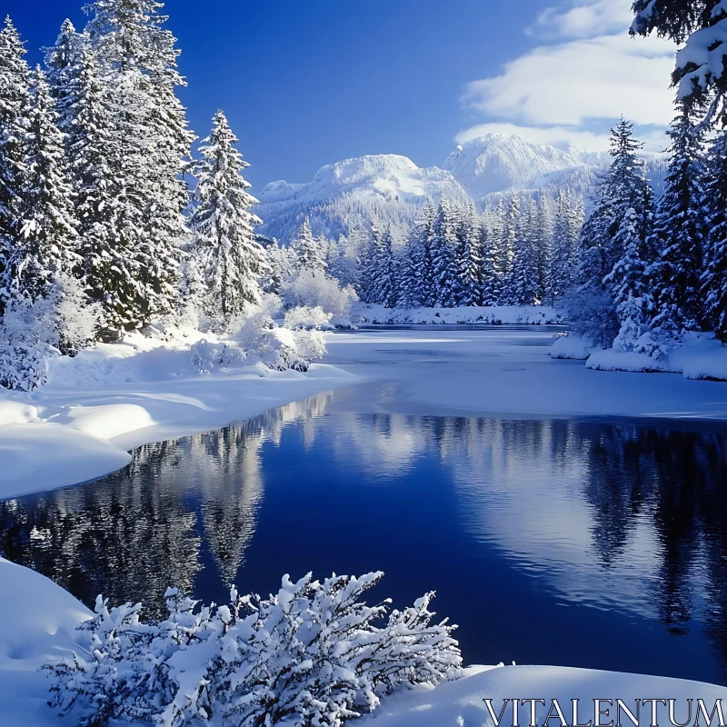 Winter Wonderland: Calm Lake and Snow-Laden Forest AI Image