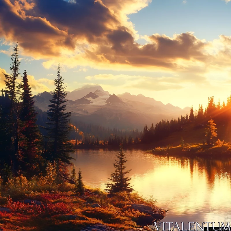 Mountainous Sunset Reflecting on Serene Lake AI Image