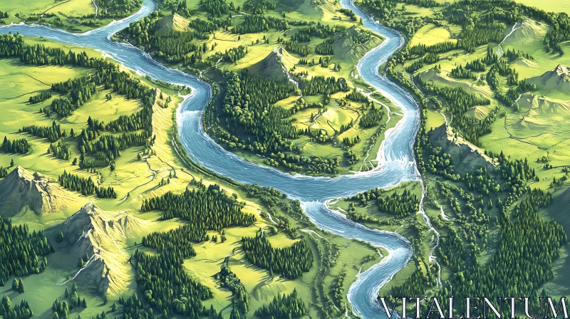 Winding River Through Verdant Forest AI Image