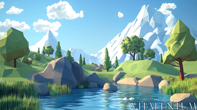 AI ART Digital Low-Poly Landscape with River and Mountains