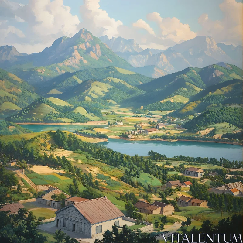 Serene Village Landscape in Lush Green Valley AI Image