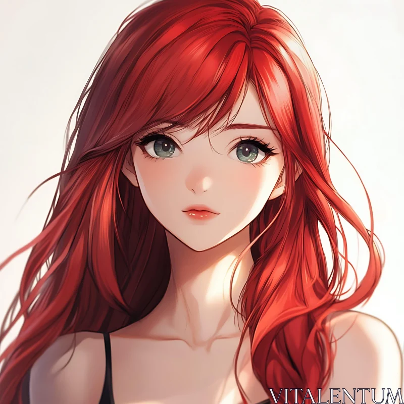 Beautiful Anime Girl with Red Hair and Green Eyes AI Image