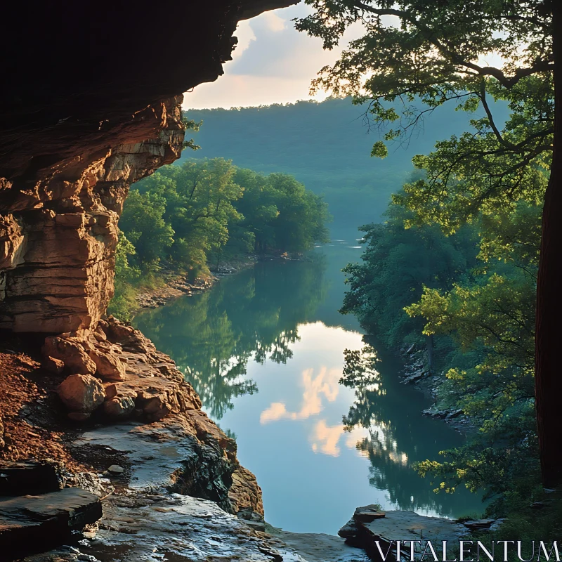 Tranquil River Landscape with Sunlit Reflections AI Image