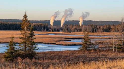 Wetland Marsh with Steam Plumes and Evergreen Trees