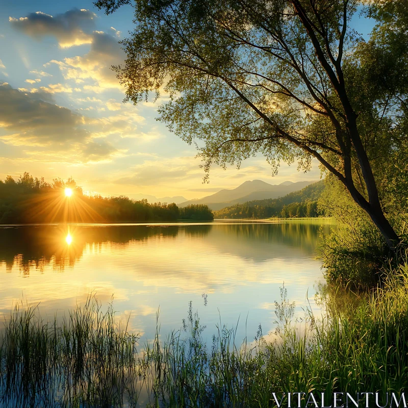 AI ART Golden Sunset Reflecting Over Calm Lake