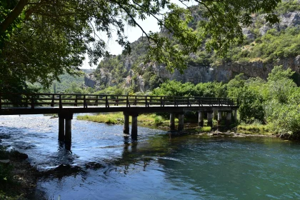 Peaceful Riverside View with Wooden Bridge