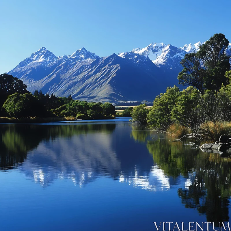 Snow-Capped Mountains Reflected in Tranquil Lake AI Image