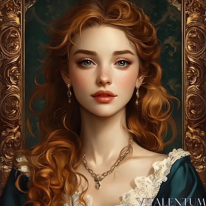 Regal Woman with Green Eyes and Auburn Hair AI Image