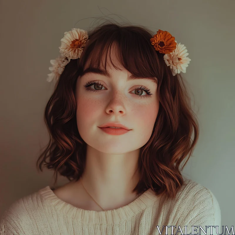 Young Woman with Flowers in Wavy Hair AI Image