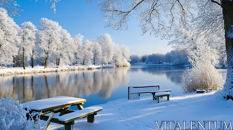 Snowy Lakeside Scene with Frozen Trees and Bench AI Image