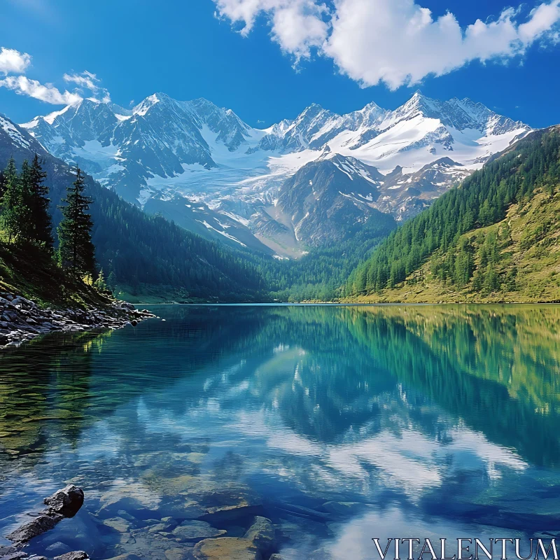 Tranquil Alpine Lake Amidst Snowy Mountains AI Image