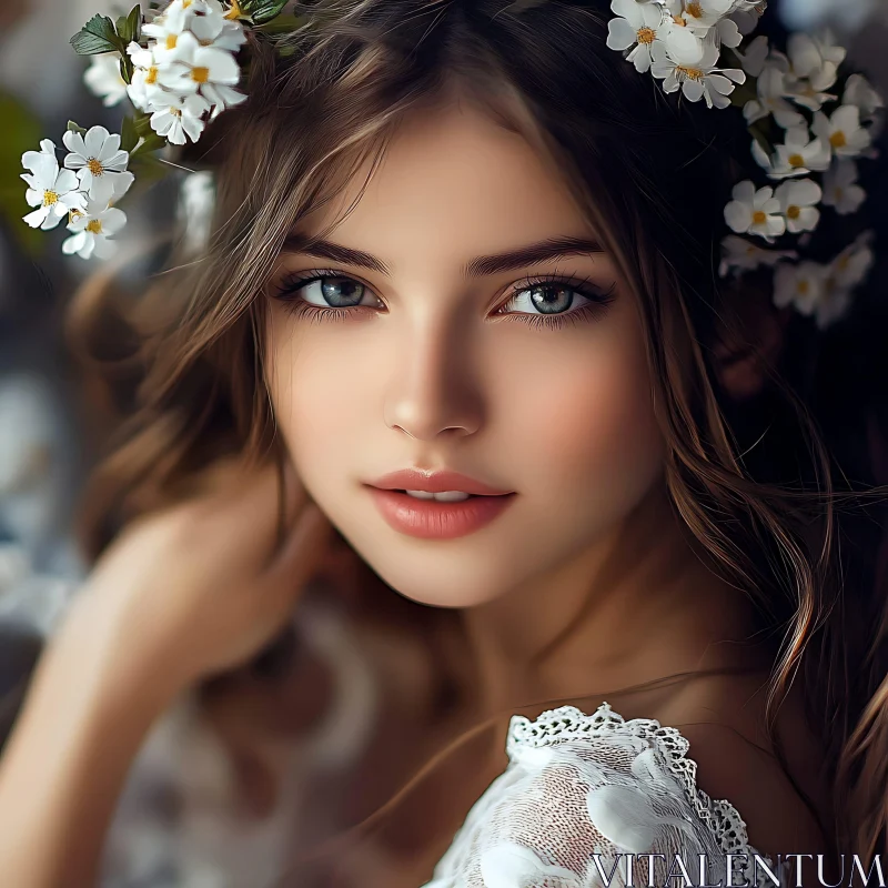 AI ART Elegant Woman Portrait with White Flowers