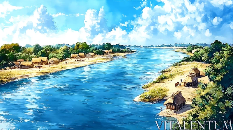 Idyllic Riverbank Village Scene AI Image