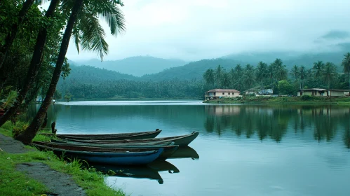 Serene Lake with Wooden Boats and Misty Mountains