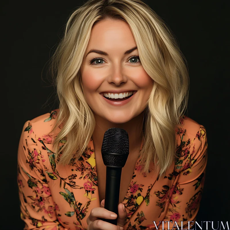 Smiling Individual Holding a Microphone in Floral Orange Dress AI Image