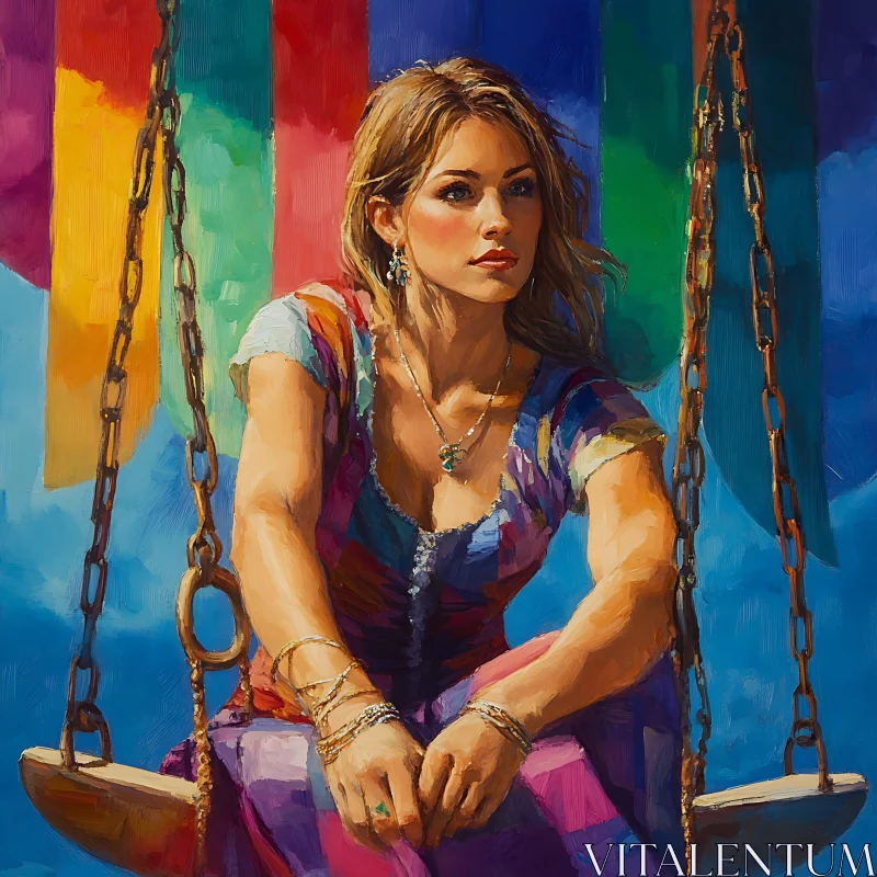 Woman on Swing with Vibrant Background AI Image