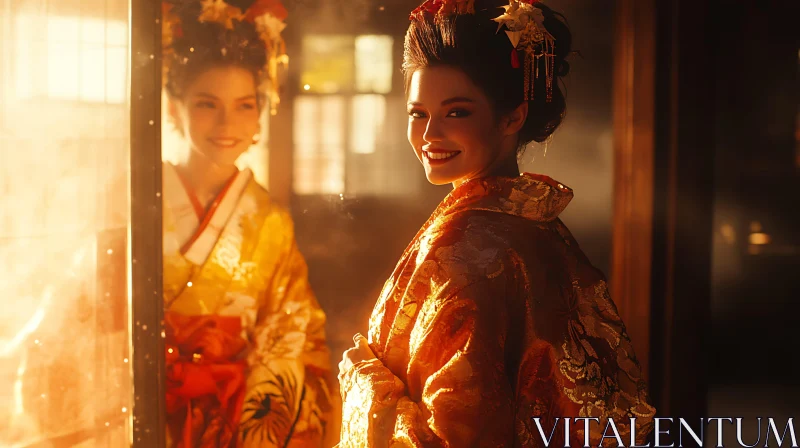 Geisha Reflecting: A Sunset Portrait AI Image