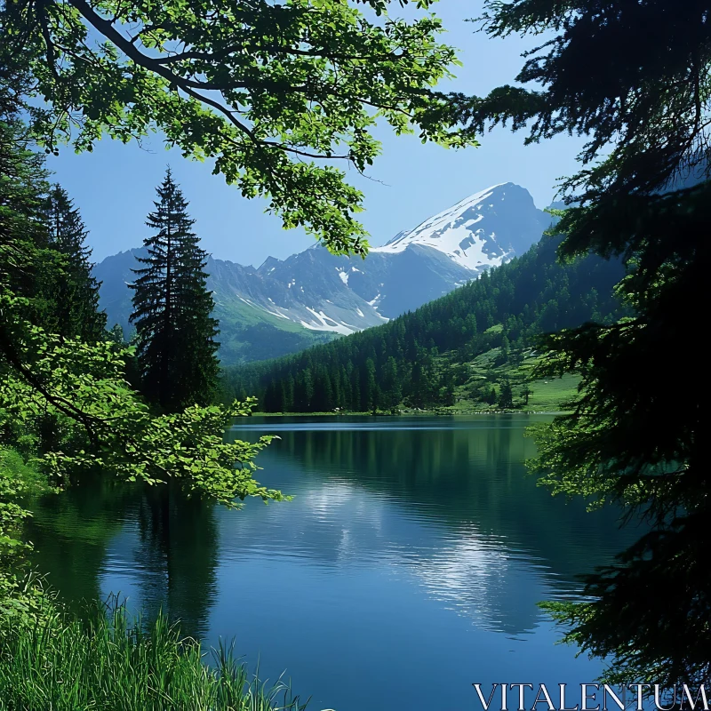 Tranquil Mountain Lake with Snowy Peaks and Forest AI Image