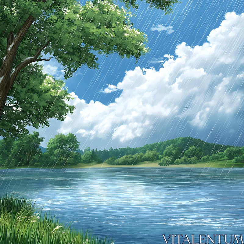 Rainfall Over Peaceful Lakeside Landscape AI Image