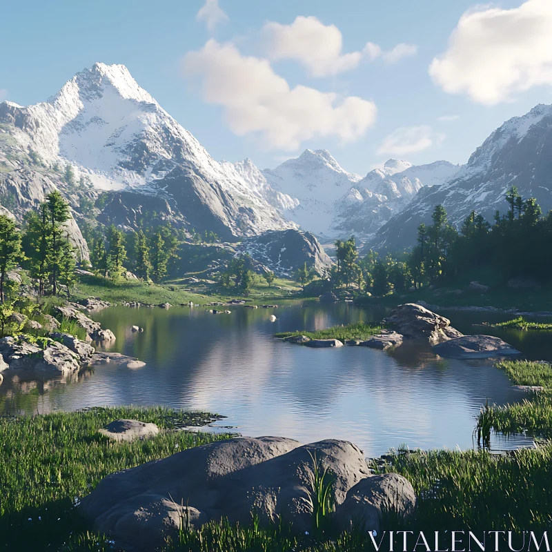 AI ART Serene Mountain Vista with Lush Forest and Clear Lake