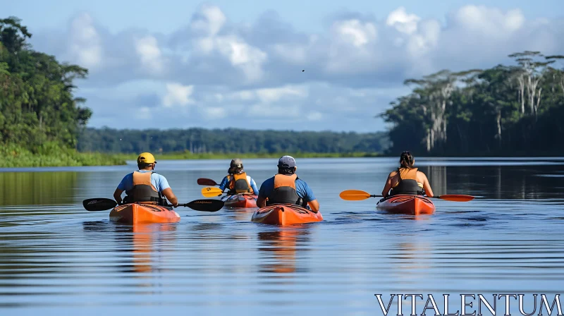 Kayakers Exploring a Tranquil River in the Tropics AI Image