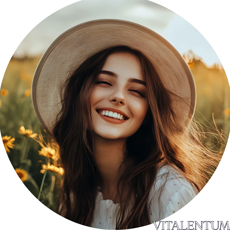 Smiling Young Woman in Flower Field at Sunset AI Image