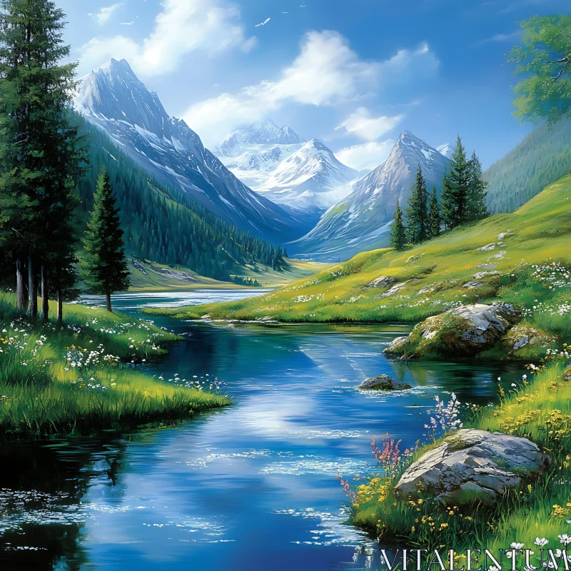 Peaceful Alpine River Valley with Snowy Mountains AI Image