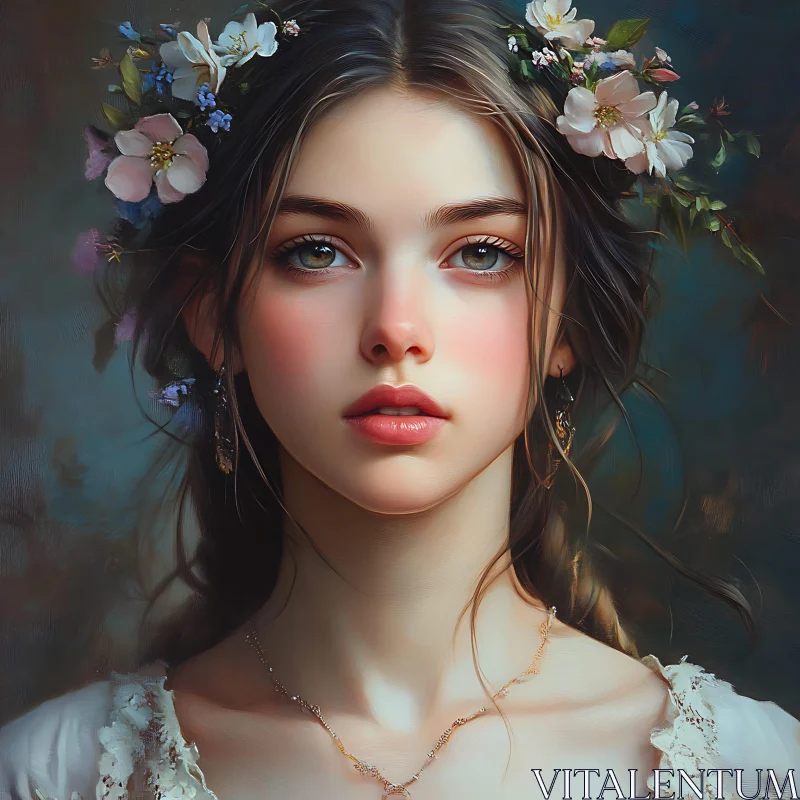 Elegant Female Portrait Surrounded by Flowers AI Image