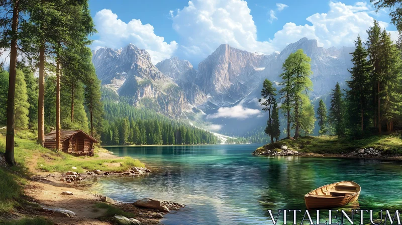 AI ART Peaceful Lake Landscape with Cabin and Mountain View