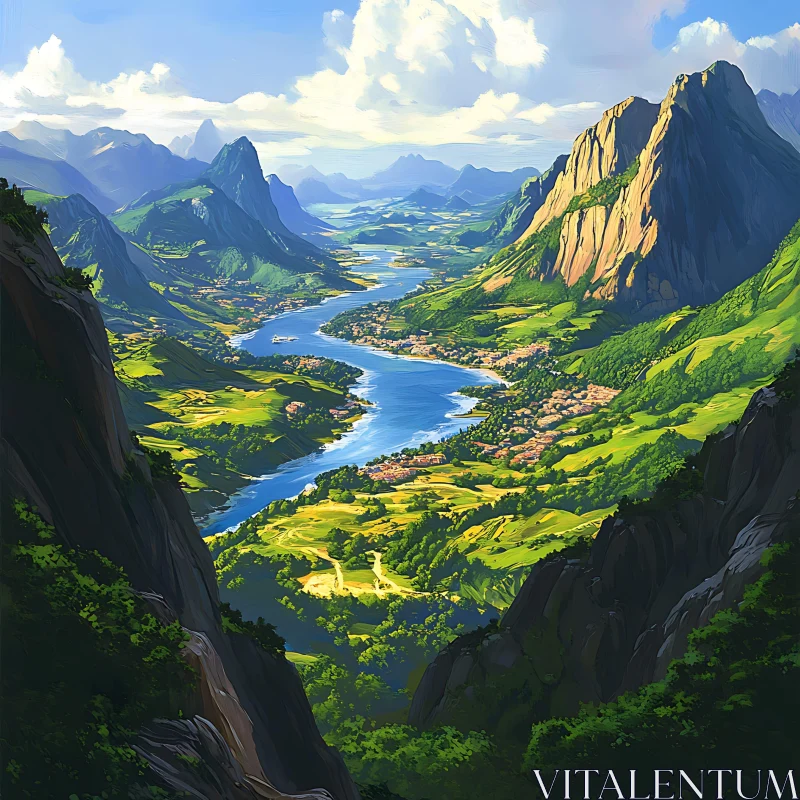 Serene River Through Verdant Mountains AI Image