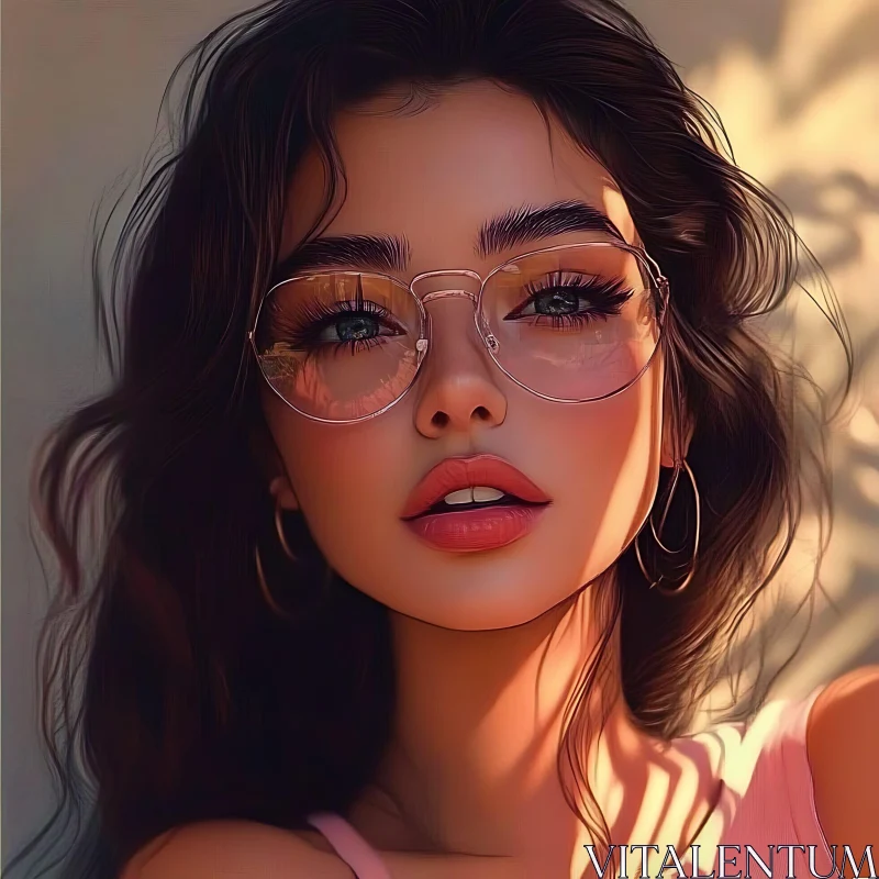 Stylish Woman in Sunlit Portrait with Glasses AI Image