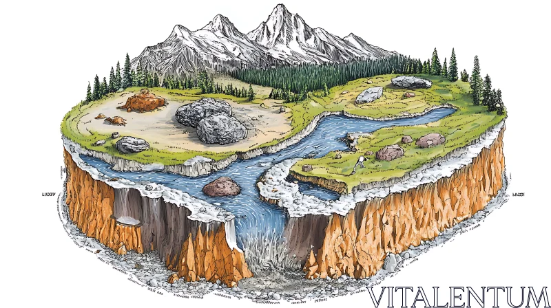 Nature Cross-Section Illustration with River and Mountains AI Image