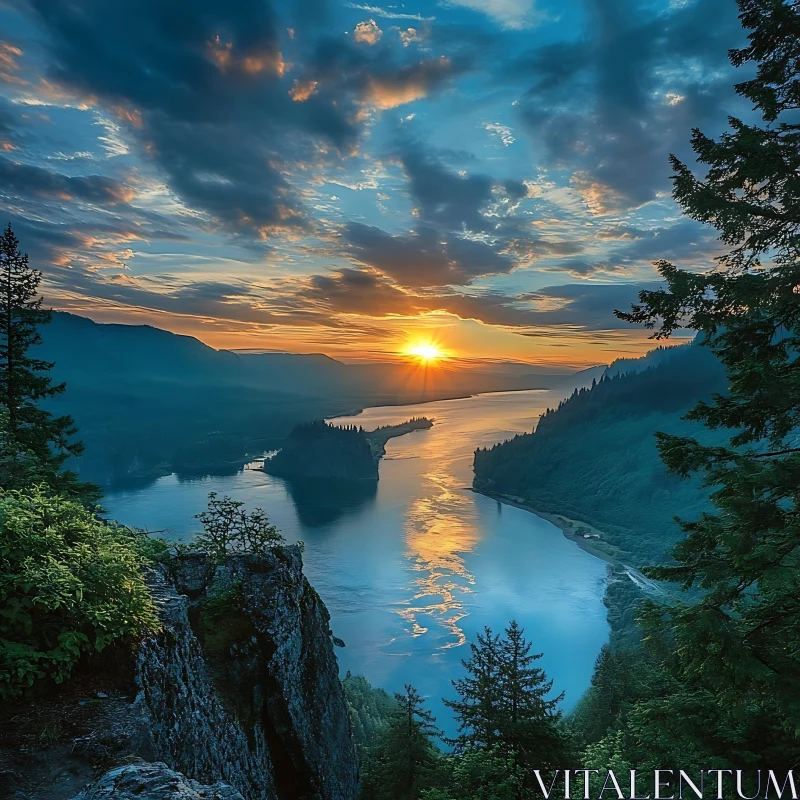 Golden Sunset Reflecting on a Calm River Amidst Verdant Forests AI Image