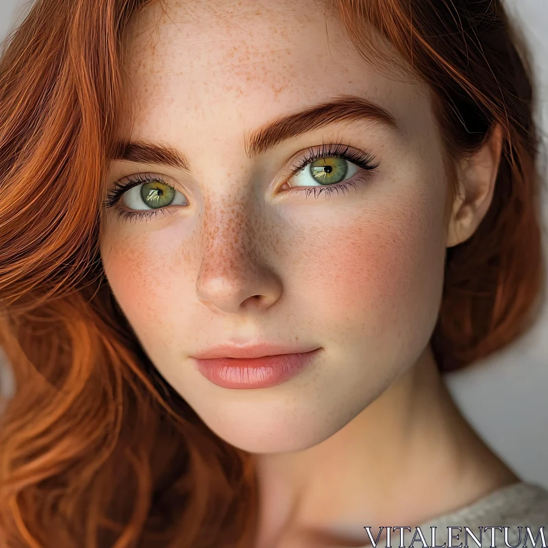 AI ART Serene Redheaded Woman with Green Eyes and Freckles