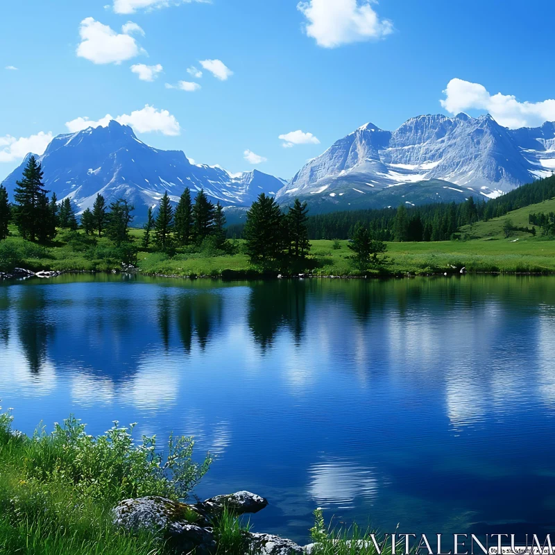 Tranquil Mountain Scene with Reflective Lake and Greenery AI Image