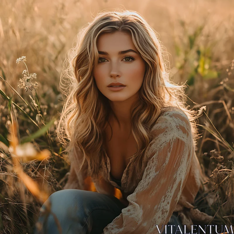 Serene Blonde Woman at Sunset in Nature AI Image