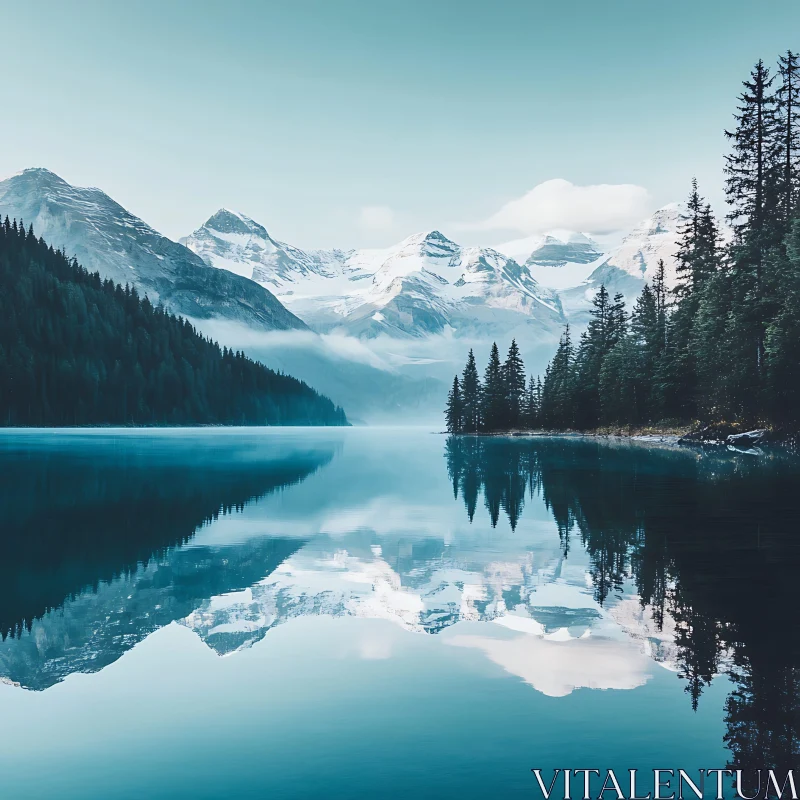 Snow-Capped Peaks and Reflective Tranquil Lake AI Image