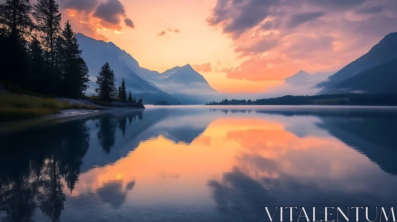 Tranquil Mountain Lake during Sunset with Stunning Reflections AI Image