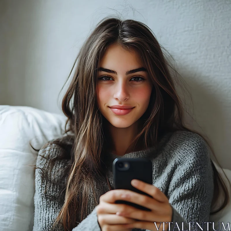 Casual Portrait of a Relaxed Woman Holding a Smartphone AI Image