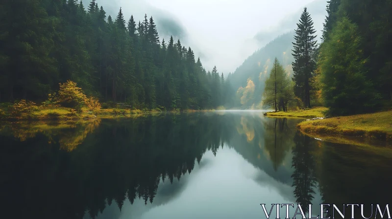 Tranquil Lake with Mirror-Like Reflection in Autumn Forest AI Image