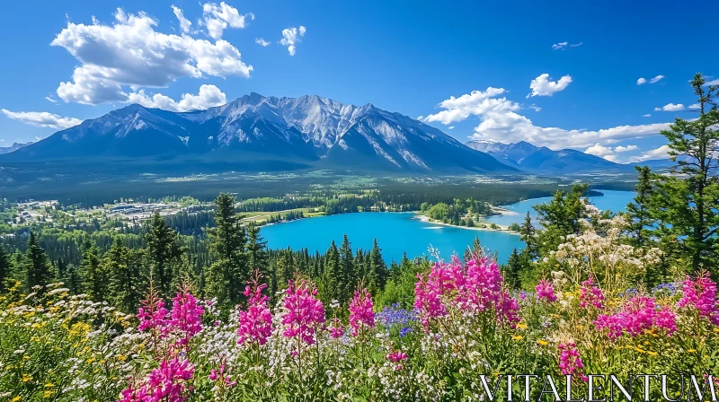 AI ART Scenic Mountain and Lake View with Blooming Wildflowers